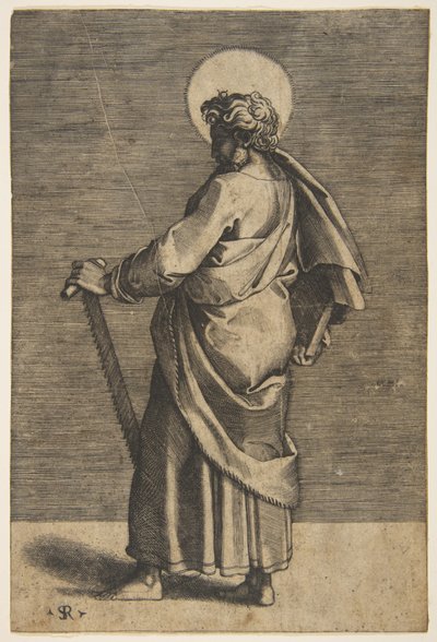 Pyhä Simon seisoo kasvot vasemmalle, kädessään saha ja kirja, n. 1515-27. tekijältä Marco Dente