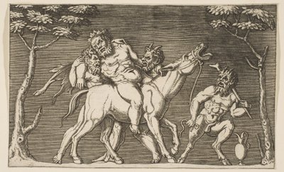 Kaksi satyyriä asettamassa Silenuksen räjähtävän muulin päälle ja kolmas satyyri oikealle, n. 1515-27. tekijältä Marco Dente