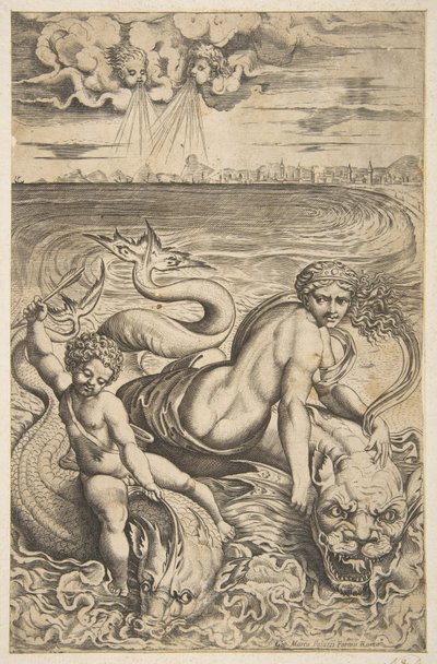 Venus ja Cupid ratsastavat kahdella merihirviöllä, Cupid nostaa nuolen oikeaan käteensä, t..., n. 1515-27. tekijältä Marco Dente