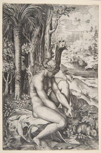 Venus poistaa piikkia vasemmasta jalastaan istuessaan kankaalla puiden vieressä, ..., n. 1515-27. tekijältä Marco Dente