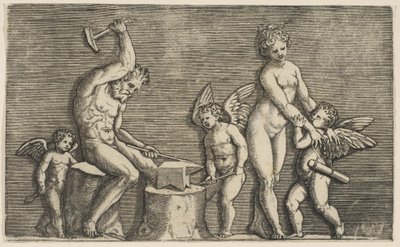Vulcanin istuvat vasarat alasimen päällä, jota reunustavat Venus ja kolme kupidia, n. 1515-27. tekijältä Marco Dente