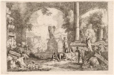 Antiikin raunioiden capriccio miesten kanssa katselemassa klassista puhujaa tekijältä Marco Ricci