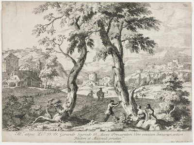Näkymä kylästä, jossa on hahmoja etualalla, 1723. tekijältä Marco Ricci