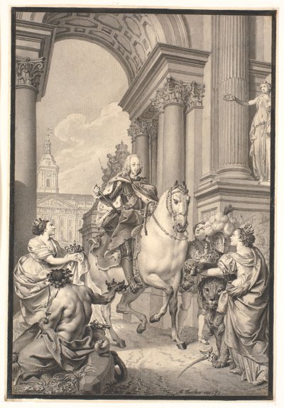 Maalauksen valmistelu: Tanska ja Norja kunnioittavat Chr. VI (poltettu Christiansborgin kanssa 1794) tekijältä Marcus Tuscher