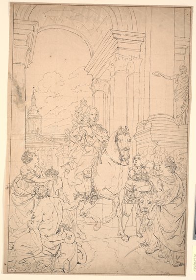 Luonnos maalaukselle: Tanska ja Norja kunnioittavat Chr. VI (poltettu Christiansborgin kanssa 1794) tekijältä Marcus Tuscher