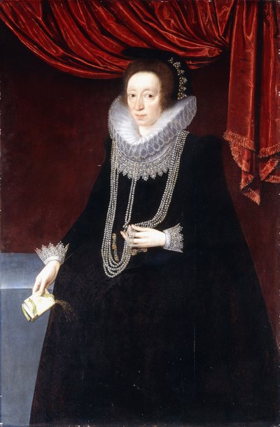 Muotokuva Margaret Belasysesta, mustassa mekossa, helmikaulakoru ja kirja oikeassa kädessään tekijältä Marcus the Younger Gheeraerts