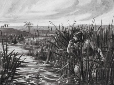 Kaldealainen vakooja huomaa assyrialaisen etujoukon lähestyvän (litografia). tekijältä Margaret (after) Dovaston