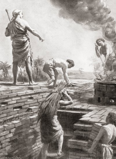 Zigguratin rakentaminen, valtavat pyramidinmuotoiset temppelitornit, jotka rakennettiin ensimmäisenä sumerilaisissa kaupunkivaltioissa, Hutchinsonin teoksesta History of the Nations, pub.1915. tekijältä Margaret (after) Dovaston