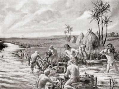 Babylonian varhaiset uudisasukkaat kuivattamassa suota rakentamalla padon, Hutchinsonin History of the Nations, pub.1915. tekijältä Margaret (after) Dovaston
