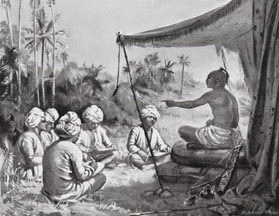 Kulottunga Chola opastaa maanmittareitaan, 1086 jKr (litografia) tekijältä Margaret (after) Dovaston