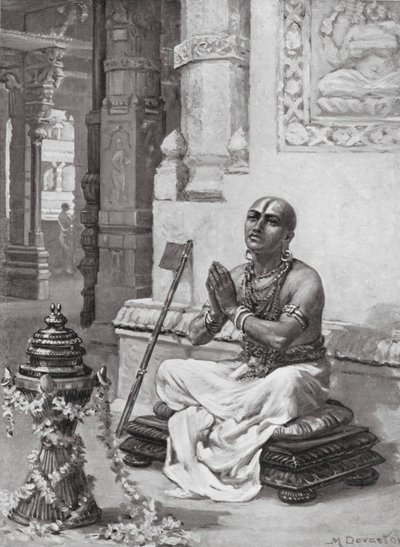 Ramanuja pohtimassa filosofiaansa yhdestä persoonallisesta Jumalasta, 1100 jKr. (litografia) tekijältä Margaret (after) Dovaston