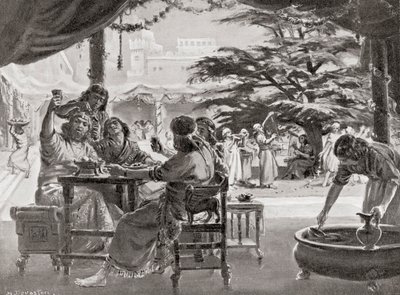Riemu Babyloniassa, kun Esarhaddon rakensi kaupungin uudelleen, Hutchinsonin teoksesta History of the Nations, pub.1915. tekijältä Margaret (after) Dovaston