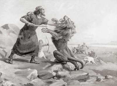 Tiglath-Pileser tappamassa leijonaa, Hutchinsonin teoksesta History of the Nations, pub.1915. tekijältä Margaret (after) Dovaston