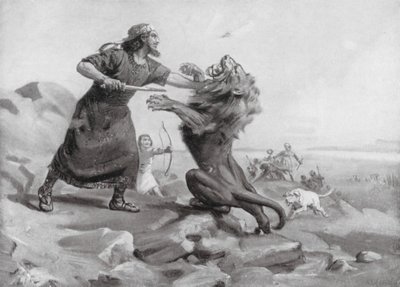 Tiglath-Pileser I tappaa leijonan (litografia) tekijältä Margaret (after) Dovaston