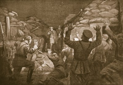 Saksalainen upseeri ja neljätoista hänen miestään huutavat armoa luutnantti Leachille (litografia). tekijältä Margaret Dovaston