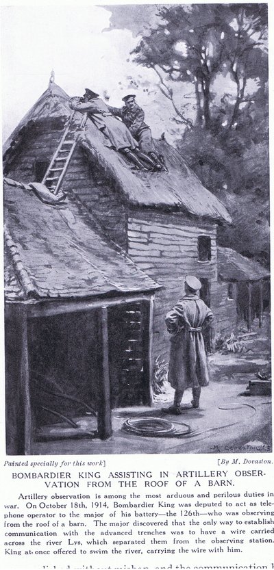 Pommittaja King avustamassa tykistön tarkkailussa Lys-joen toisella puolella sijaitsevan ladon katolta lokakuu 1914 (litografia). tekijältä Margaret Dovaston