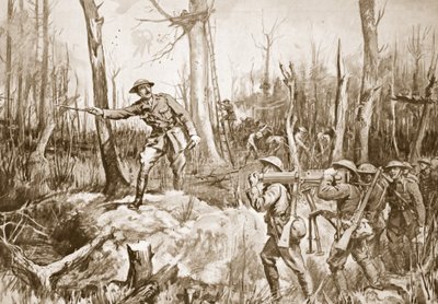 Kapteeni (väliaikainen everstiluutnantti) R.B. Barker organisoimassa metsän puolustusta (litografia). tekijältä Margaret Dovaston