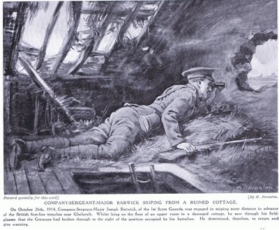 Komppanian vääpeli Barwick ampuu Ghehuveltin raunioituneesta mökistä lokakuussa 1914 (litografia). tekijältä Margaret Dovaston
