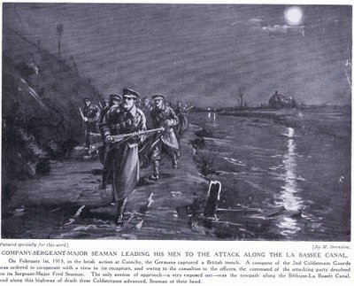 Komppanian kersantti majuri Seaman johtaa miehiään La Bassen kanavan varrella helmikuussa 1915 (litografia). tekijältä Margaret Dovaston