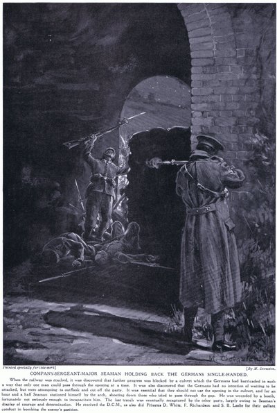 Komppanian vääpeli Seaman sai kunniamerkin saksalaisten hyökkäyksen torjumisesta yksin helmikuussa 1915 (litografia). tekijältä Margaret Dovaston
