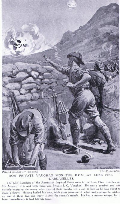 Miten sotamies Vaughan voitti DCM:n Lone Pine Dardanelleilla elokuussa 1915 (litografia). tekijältä Margaret Dovaston