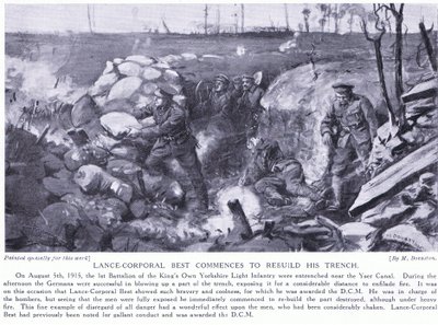 Alikersantti Best sai DCM:n, kun hän aloitti juoksuhaudan uudelleenrakentamisen Yserin kanavalla raskaassa tulituksessa elokuussa 1915 (litografia). tekijältä Margaret Dovaston