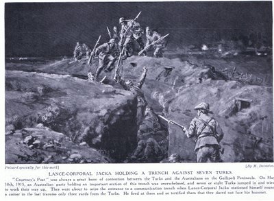 Alikersantti Jacka saa ansiomerkin näyttämällä, miten yksi mies voi voittaa seitsemän Toukokuu 1915 (litografia) tekijältä Margaret Dovaston