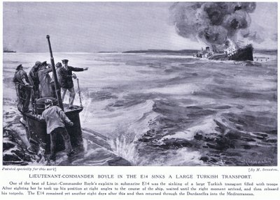 Komentajakapteeniluutnantti Boyle E14:llä upottaa suuren turkkilaisen kuljetusaluksen 1915 (litografia). tekijältä Margaret Dovaston