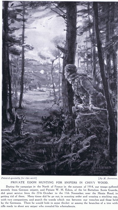 Sotamies Edom metsästää tarkka-ampujia Chivy Woodissa syksyllä 1914 (litografia). tekijältä Margaret Dovaston