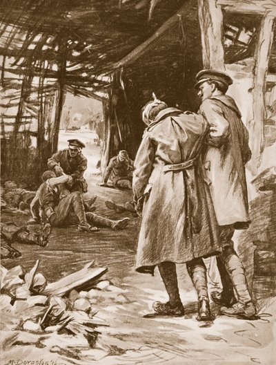 Sotamies J.S. Kerr antaa ensiapua haavoittuneille maatilalla, joka oli voimakkaan pommituksen kohteena (litografia). tekijältä Margaret Dovaston