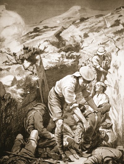 Sotamiehet Druall ja Smith raivaamassa haavoittuneita pois suojattomasta ja raskaalle tulelle alttiista pajusta (litografia). tekijältä Margaret Dovaston
