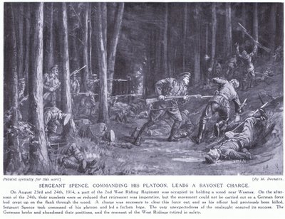 Kersantti Spence sai DCM:n, kun hän johti joukkueensa pistinrynnäkköä metsässä lähellä Wasmesia elokuussa 2014 (litografia). tekijältä Margaret Dovaston