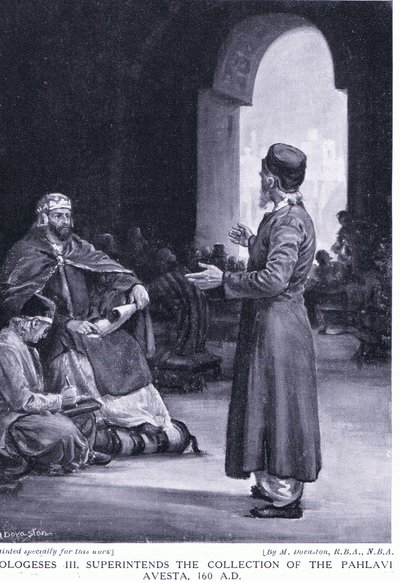 Vologeses III valvoo Pahlavi Avestan kokoamista 160AD (litografia) tekijältä Margaret Dovaston