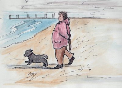 Koiran ulkoiluttaminen - 03 (kynä ja vesiväri) tekijältä Margaret Loxton