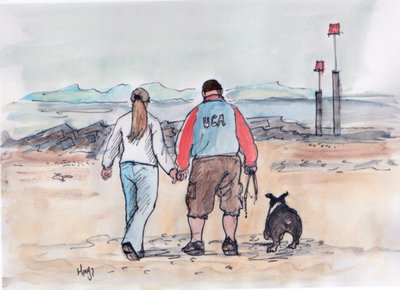 Koiran ulkoiluttaminen - 04 (kynä ja vesiväri) tekijältä Margaret Loxton