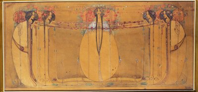 Toukokuun kuningatar, pilapiirros Ingram Streetin kyynelhuoneen paneelia varten, noin 1900 (vesiväri paperille). tekijältä Margaret Macdonald