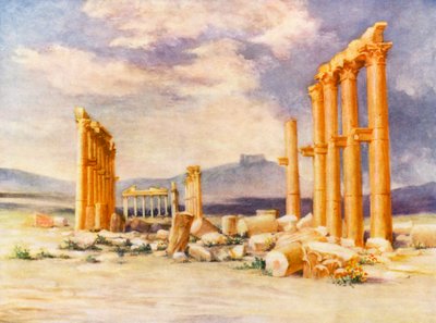 Pylväskäytävä, Palmyra, kaukana drussien linna (värilitro). tekijältä Margaret Thomas