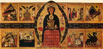 Neitsyt ja lapsi valtaistuimella, kertovia kohtauksia, c1263, 1911 tekijältä Margarito d