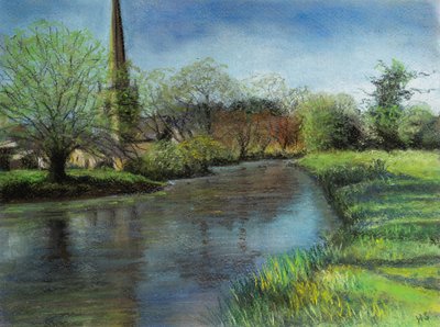 Burfordin kirkko, Cotswolds, 2020 (pastelli) tekijältä Margo Starkey