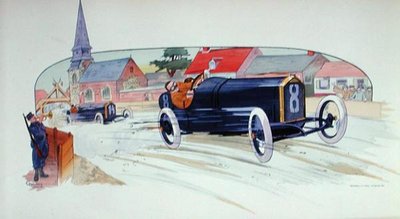 Peugeotin kilpa-auto Ranskan Grand Prix de France 1911 -kilpailussa. tekijältä Marguerite (fl.1909 14) Montaut