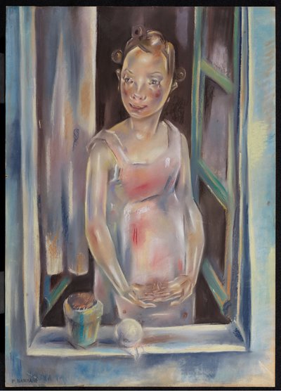 Nuori tyttö avoimen ikkunan ääressä, noin 1924 (pastelli paperille). tekijältä Maria Blanchard