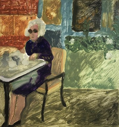 The Lunching Lady tai Lounas Lontoossa, 2019 (öljy paperille) tekijältä Maria Magenta