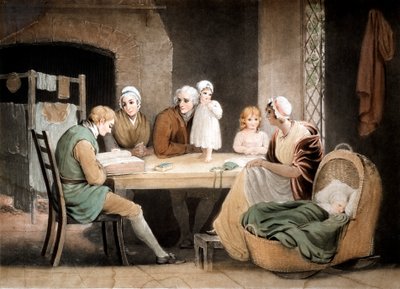 Kolme sukupolvea kuuntelemassa luettavaa perheen Raamatusta, c1800 tekijältä Maria Spilsbury