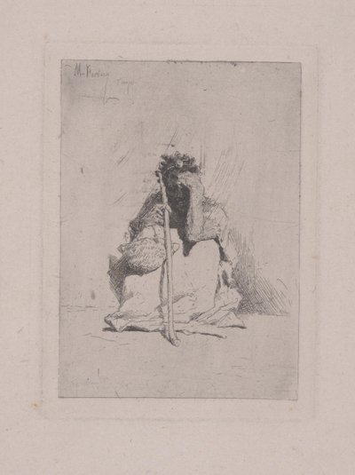 Nimetön - Hiipivä hahmo kepin kanssa (etsaus) tekijältä Mariano José María Bernardo Fortuny y Carbó