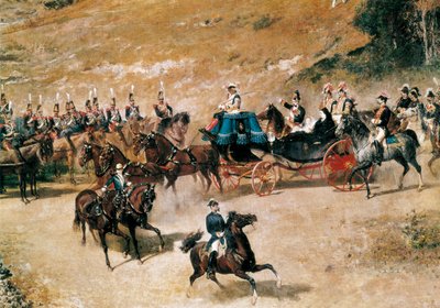 Kuningatar María Cristina ja hänen tyttärensä Isabel II, katsaus Madridia vuonna 1837 puolustaviin tykistöpattereihin, yksityiskohta, n. 1866 (öljy kankaalle) tekijältä Mariano José María Bernardo Fortuny y Carbó