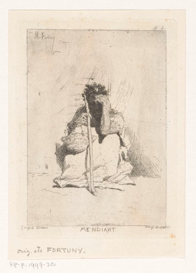 Istuva kerjäläinen kepillä Mendiant (otsikko esineessä) tekijältä Mariano José María Bernardo Fortuny y Carbó