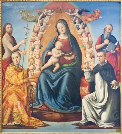 Madonna lapsen ja pyhien kanssa (öljy paneelissa) tekijältä Mariano di (c.1470 c.1530) Ser Austerio