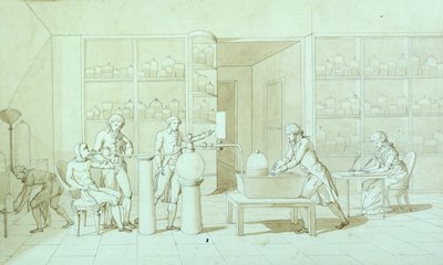 Antoine Lavoisier (1743-94) ja hänen hengityskokeensa (kynä ja muste ja seepia wash paperille). tekijältä Marie Anne Pierrette Lavoisier