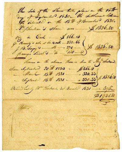Asiakirja orjien ja osakkeiden myynnistä eri henkilöille, marraskuu 1831 tekijältä Marie Therese Cerre Chouteau