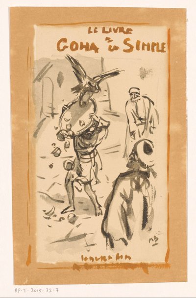 Mies tarjottimella petolintujen kimppuun Le livre Goha le Simple (otsikko esineessä) tekijältä Marius Bauer (signed by artist)
